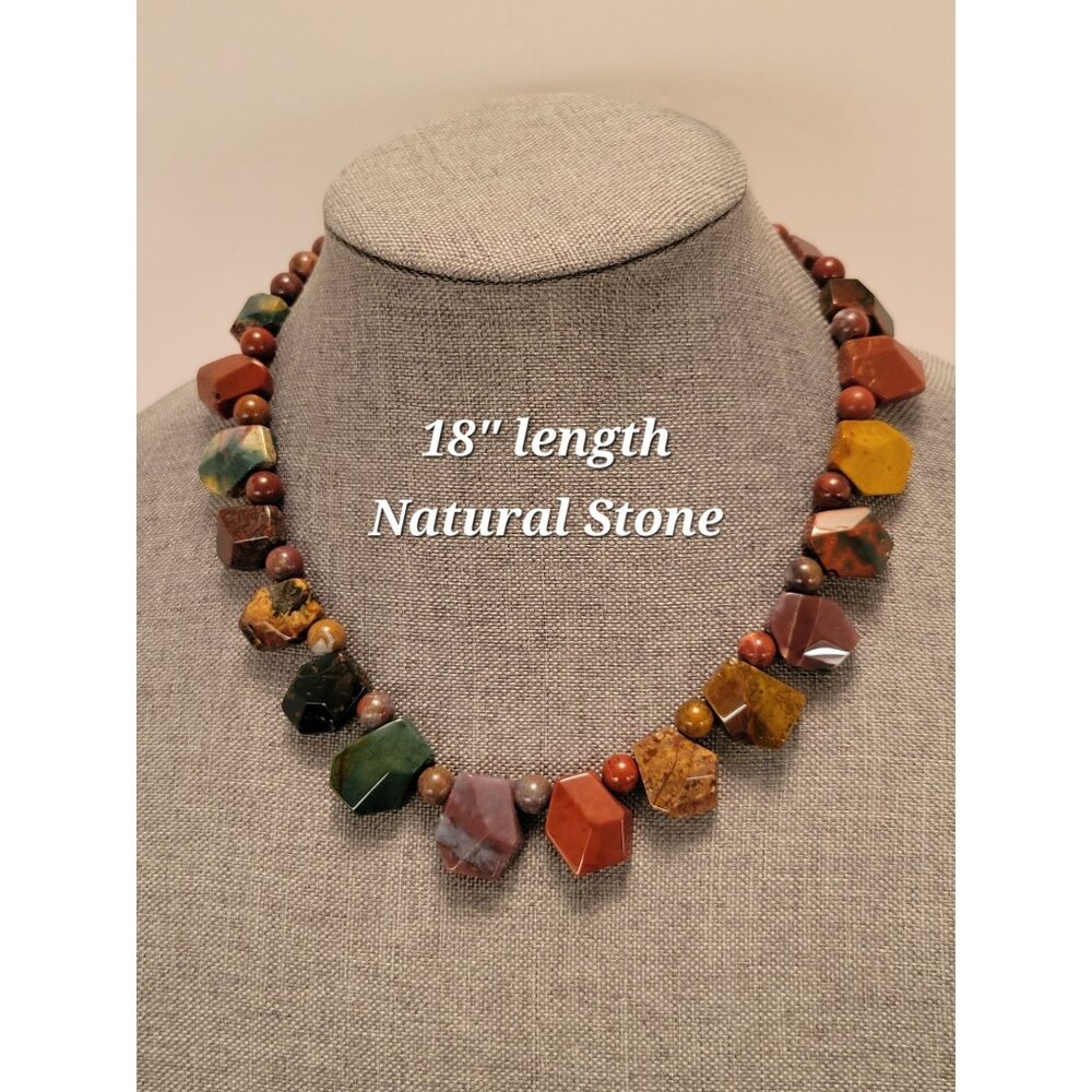 Natural Stone Chunky Statement Necklace 18" Multi-color Jasper Bloodstone